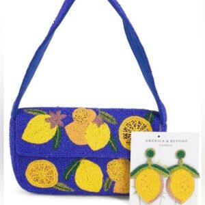 America & Beyond Lemon, vibrant beaded bag w/matching earrings. NWT